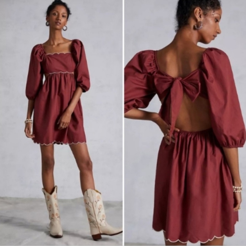 Anthropologie Burgundy Puff Sleeve Dress